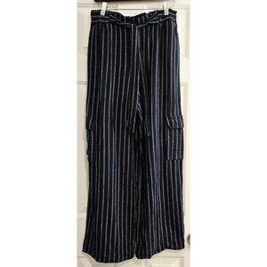 Maurices Linen Blend Striped Wide Leg Cargo Pants Medium Tie Waist Navy Blue